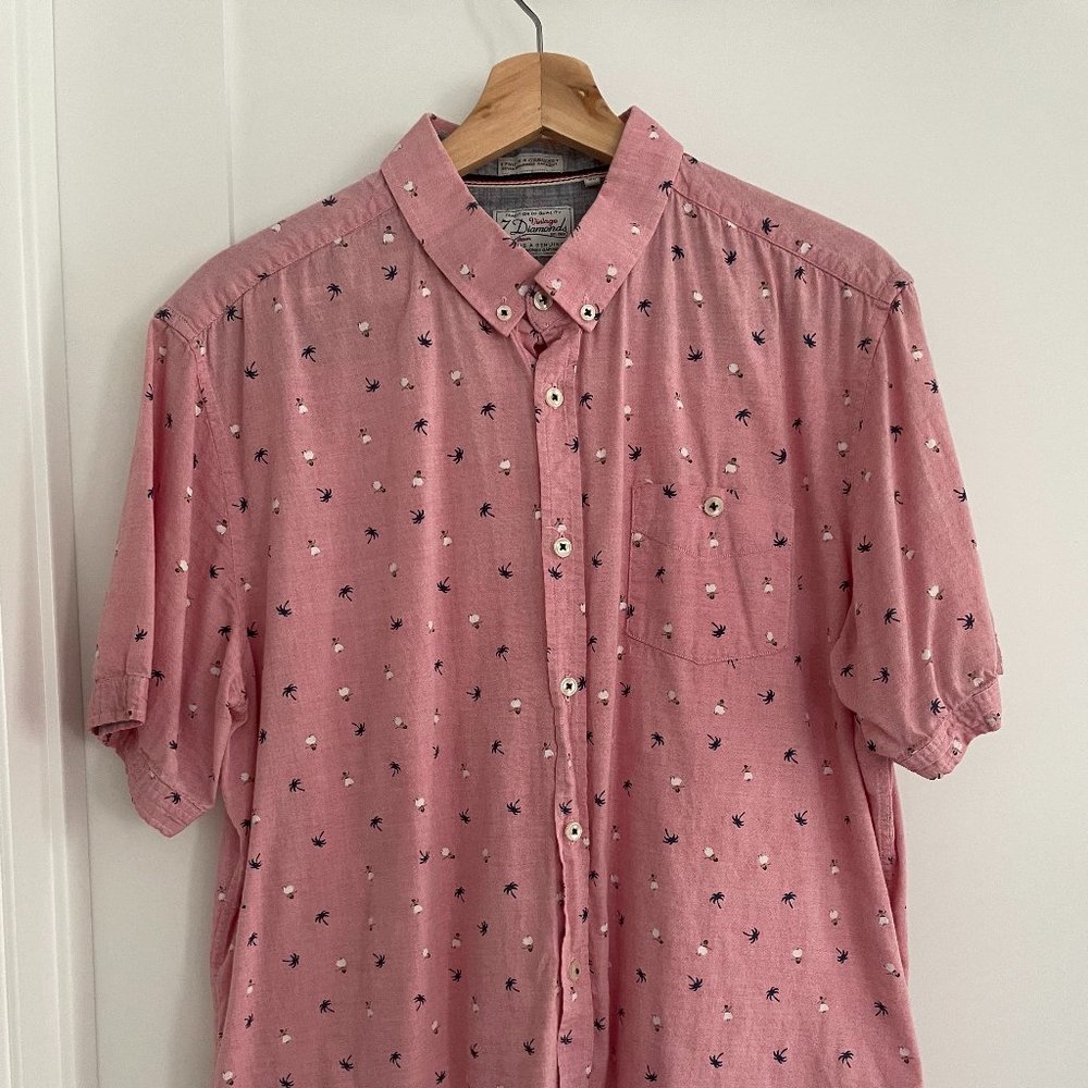 Men's XL Pink Hula Girl Palm Tree Casual Button Down Shirt